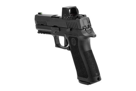 Sull-size 9mm pistol with optic-ready slide and night sights.